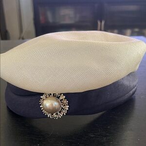 Original Gina Cream and Navy Beret with Pearl Accent